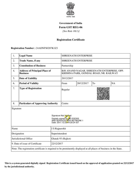 GST registration certificate (Form GST REG-06), Government of India