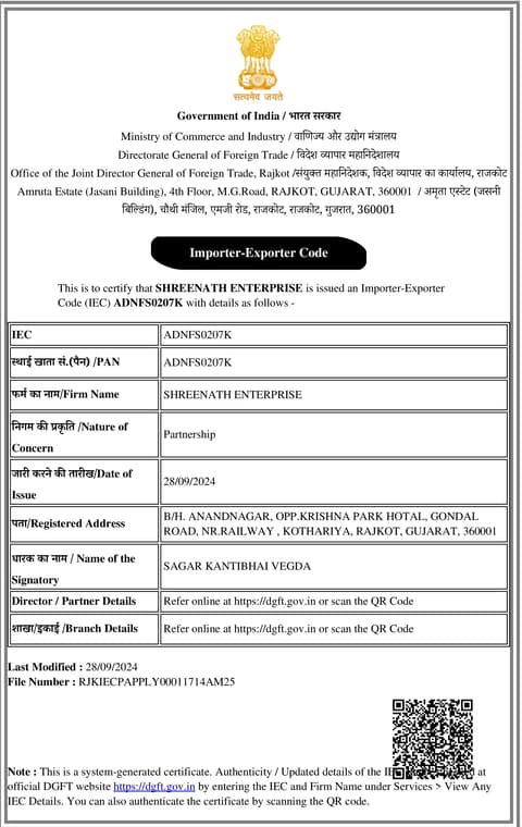 Importer-Exporter Code (IEC) certificate issued by DGFT, Government of India