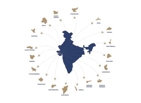 Map of India showing cities served by Prism Rail, an aluminium railing manufacturer in India — Mumbai, Delhi, Bangalore, Chennai and 50+ more cities
